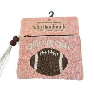 Wandering Moon Game Day Football Beaded Zip Pouch Travel Bag Pink NEW